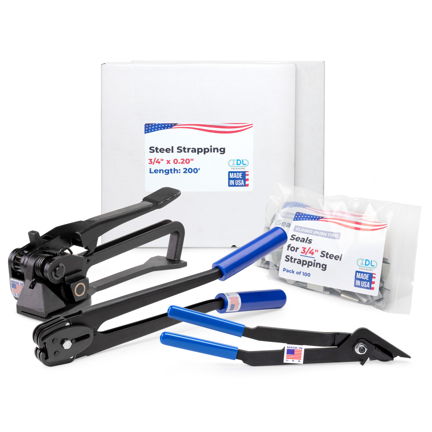 3/4" Steel Strapping Kit for Round Objects, 1700 lbs. Break Strength, USA Made 3/4" Steel Strapping Kit for Round Objects, 1700 lbs. Break Strength, USA Made
